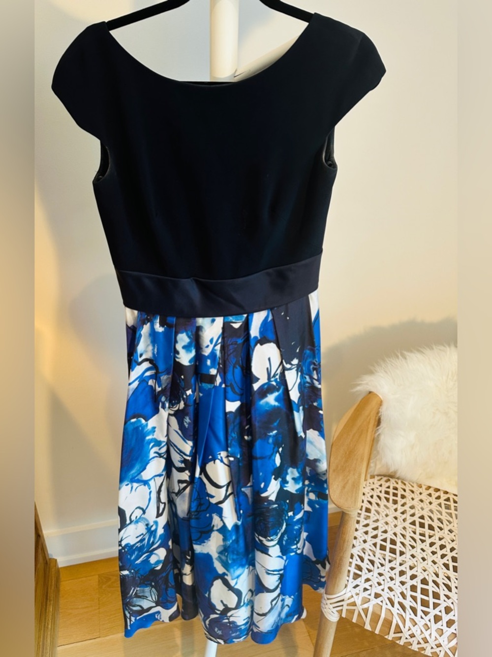 Theia Black and Blue Floral Midi Dress